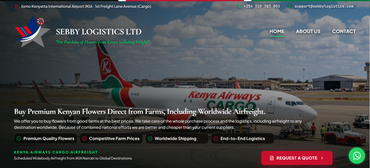 Sebby Logistics homepage showing Kenyan flower sourcing and worldwide cargo airfreight.